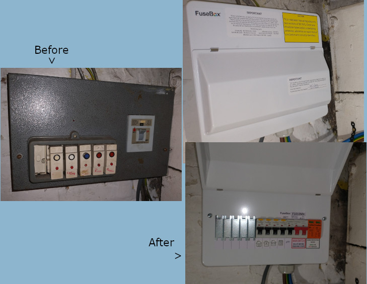old fuse box replaced with modern consumer unit